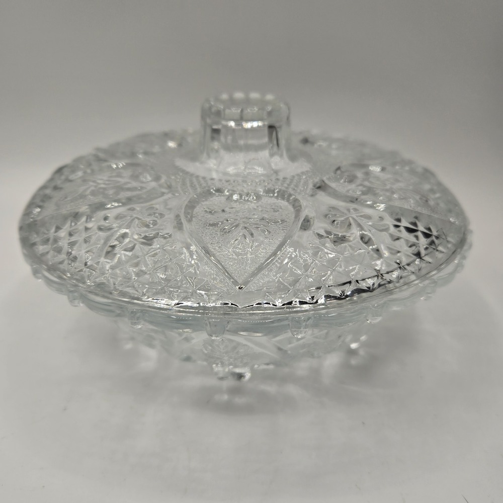 KIG Malaysia Vintage 7" Cut Glass Candy Dish w Lid Heart & Fleur-De-Lis Pattern